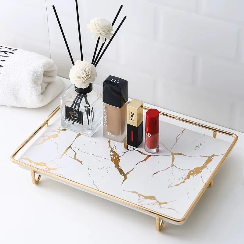 

Decoration Home Bathroom Marble Shower Tray Colorful White Black Food Marble Serving Tray, Metal(gold)+ceramic