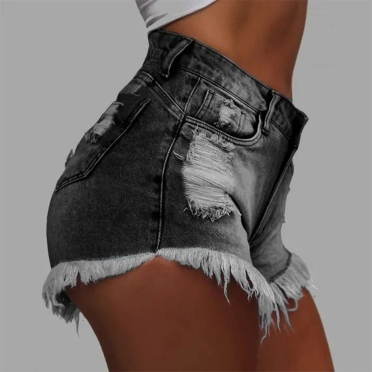 

2021 Summer New Style Hot-selling Slim Middle Waist Sexy Denim Shorts with Fringed Holes