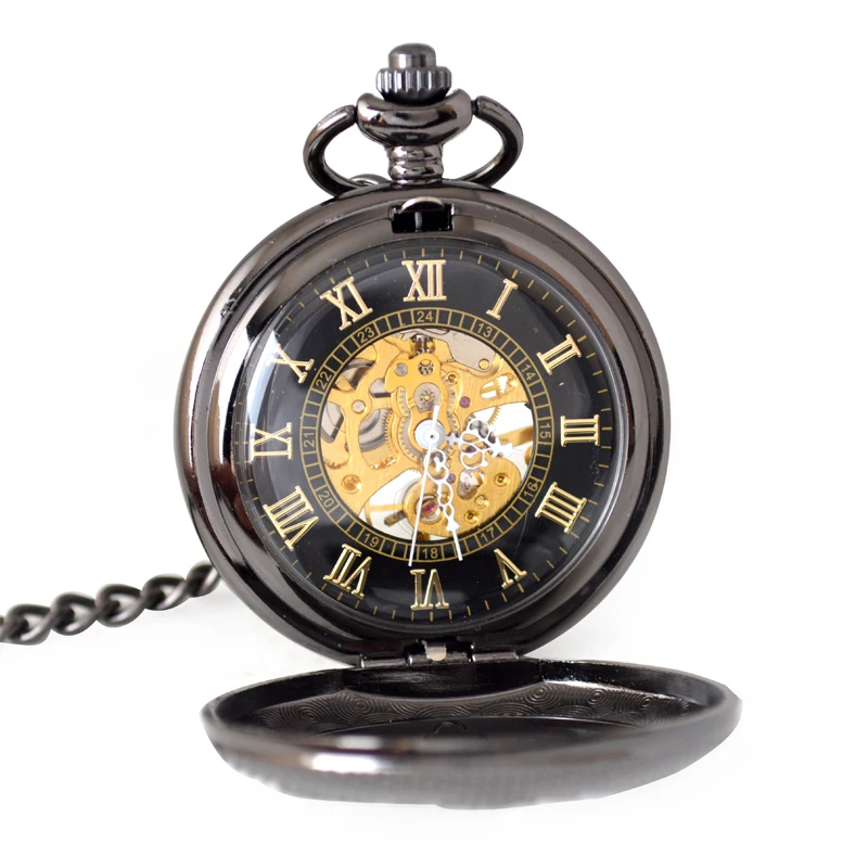 

Biden Wholesale Custom Engraved Black Old Vintage Skeleton Automatic Mechanical Men Pocket Watch With Chain