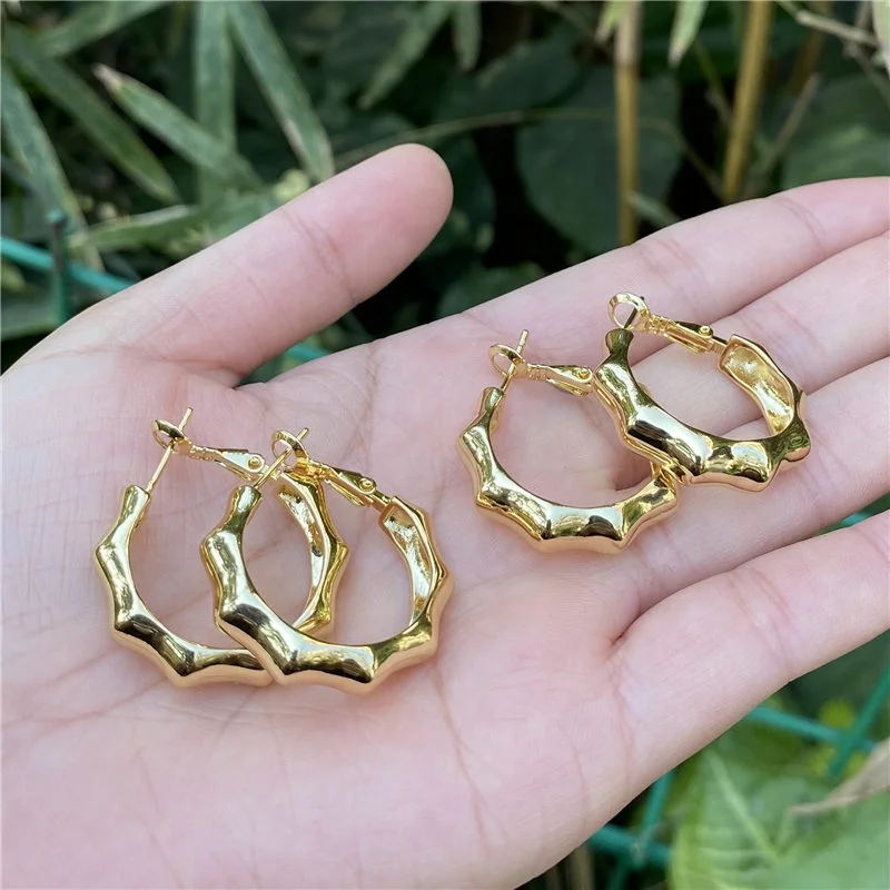

Women Jewelry 18K Gold Plated Round Bamboo Hoop Earrings Wholesale