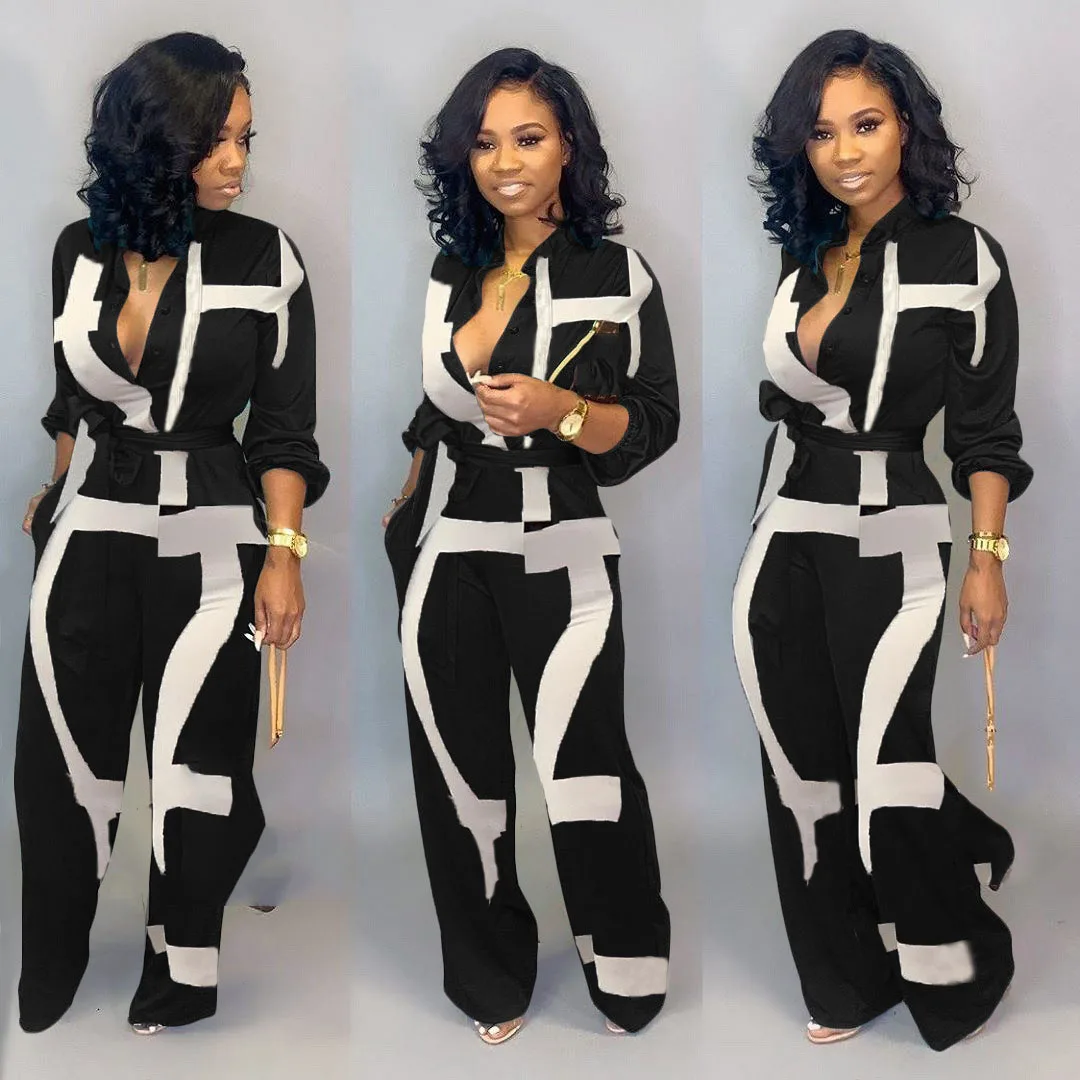 

Hot Sale Spring Printed Jumpsuits Fashion Loose Long Pant Onesie Elegant Trousers For Ladies