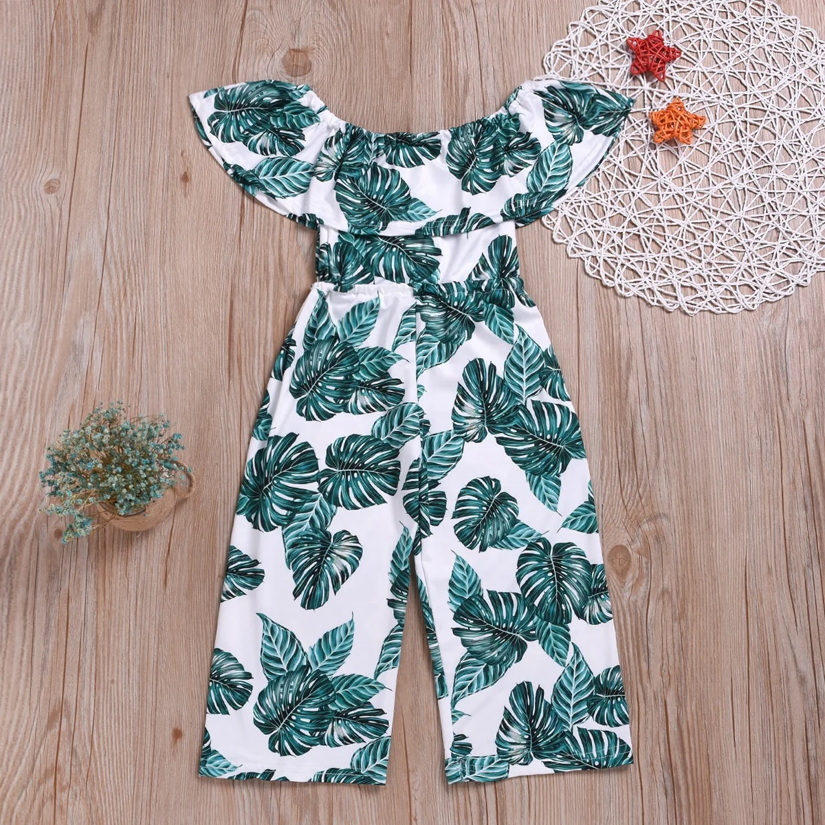 

2021 Summer kids Girls Green Leaf Print Jumpsuit Ruffled Fashion Short Sleeve Long Pants Clothes jumpsuits, As picture