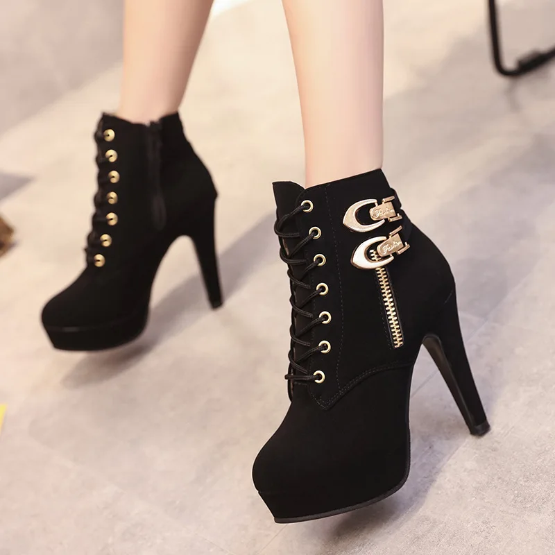 

2021 High-heel platform side lace up plus size zipper ankle boots