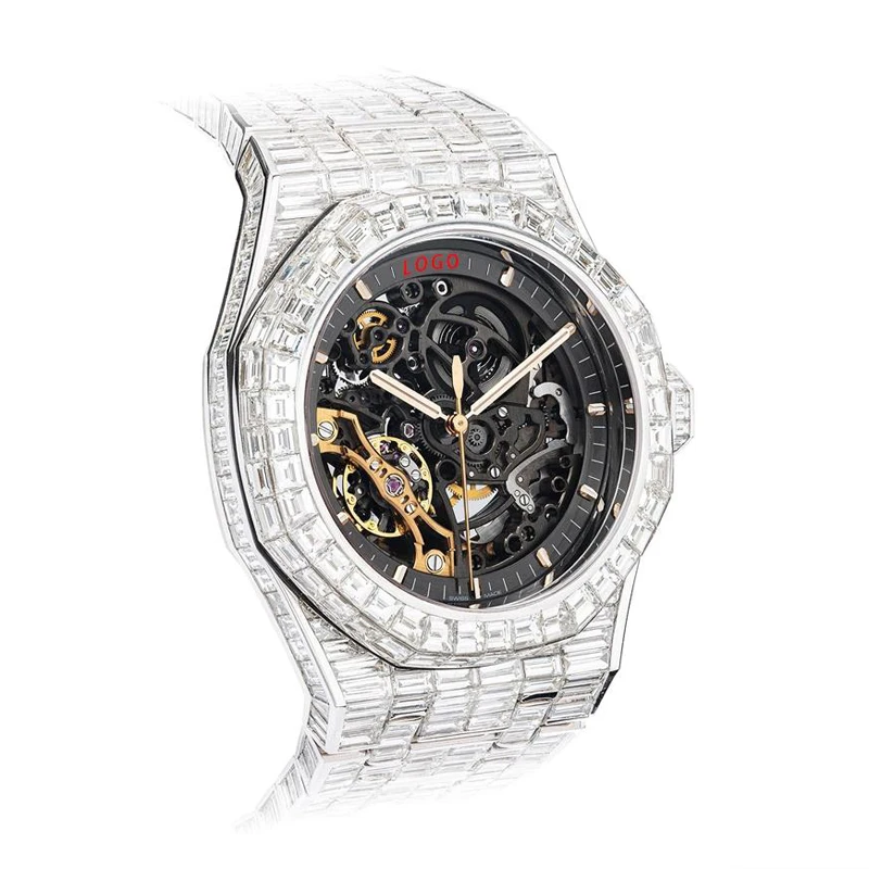 

Blues RTS supplier Hip hop Luxury white gold baguette gemstone lady automatic mechanical watches