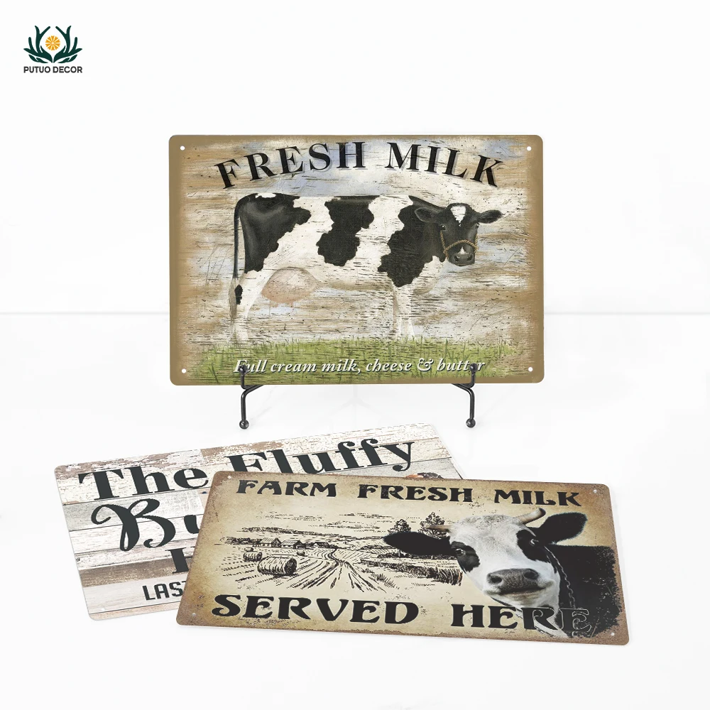 

Putuo Decor Farmhouse Tin Sign Vintage Metal Plate Sign with Farm Style Chicken and Cow Milk Design