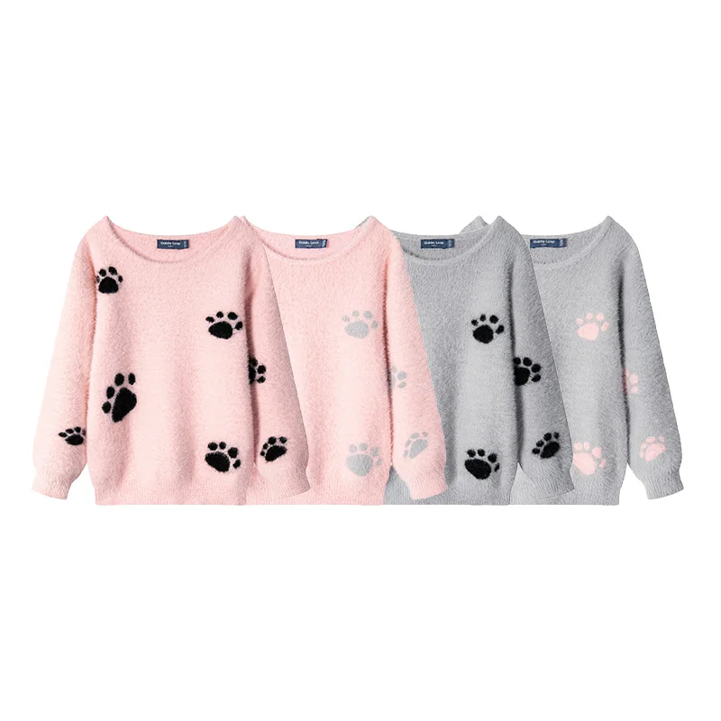 

Gabby Loop Kids Girls Pink Sweaters Paws Jacquard Soft And Warm Fluffy Mohair Sweater For Children, Picture