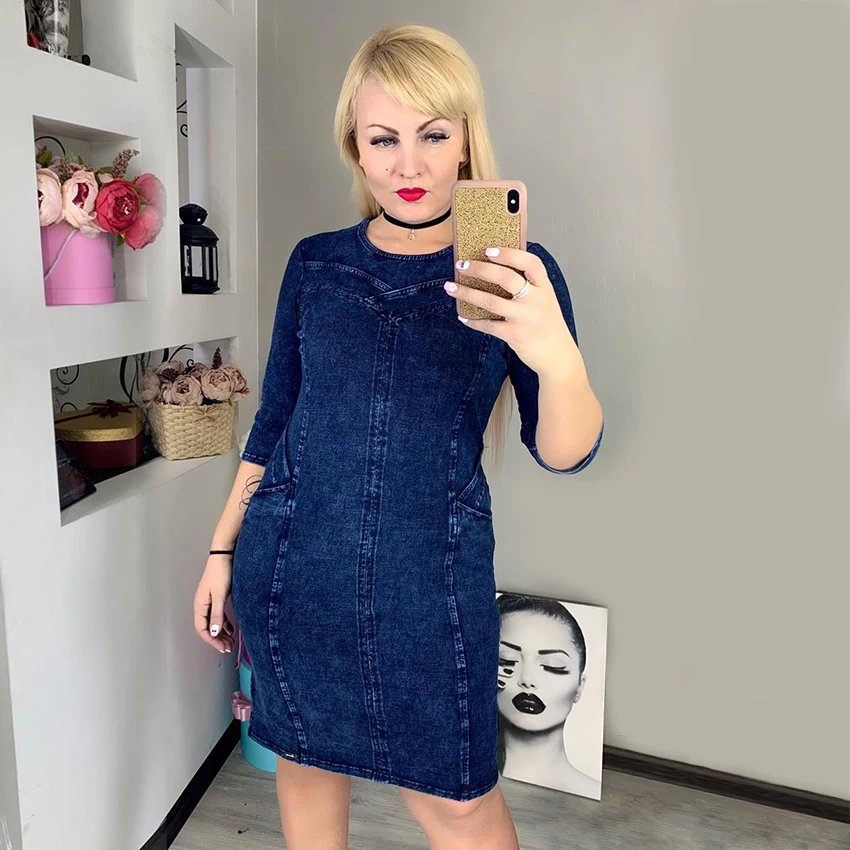 OEM Factory Wholesale Womens Clothes Loose Straight Oversized Dress Three Quarter Plus Size Casual Women Denim Dresses