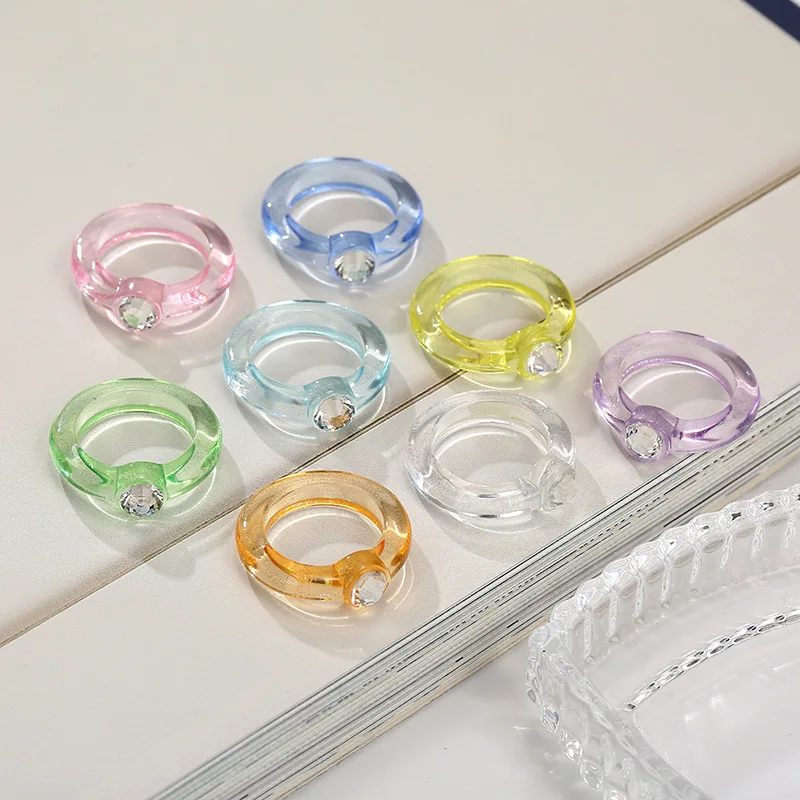

OUYE 2021 creative jelly color diamond ring Women fashion diy resin ring retro fashion index finger ring wholesale, Colorful