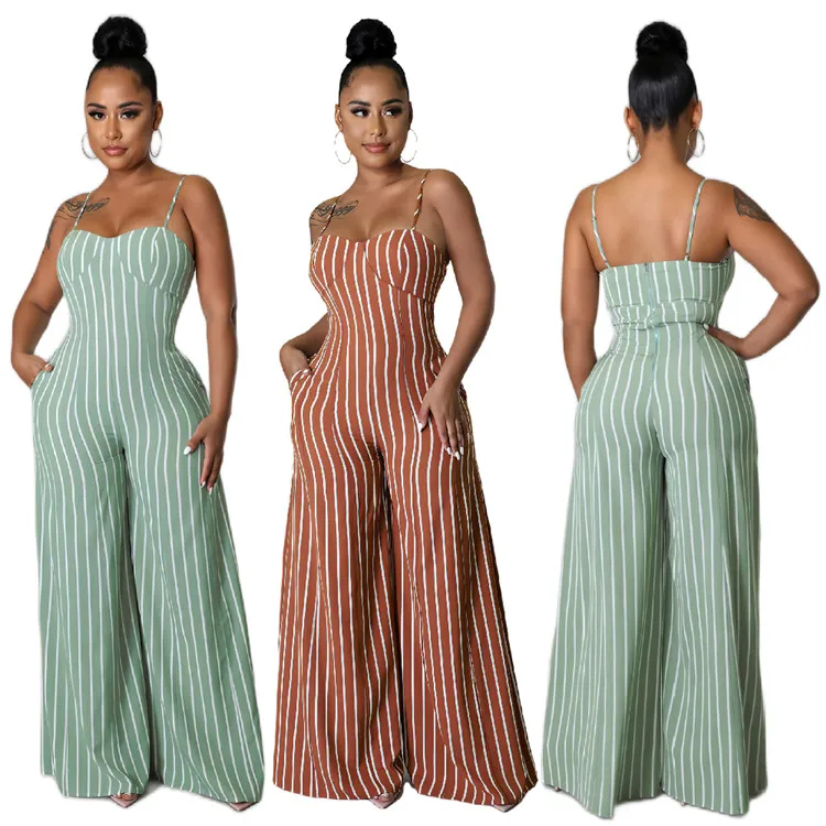 

2022 Summer Female Daily Suspender One Piece Rompers Stripe Print Wide Leg Long Pants Plus Size Jumpsuits, Picture shows