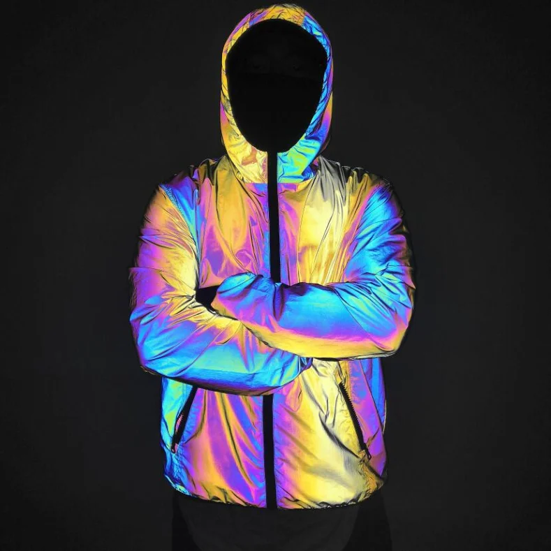 

high light stock men's man winter hooded streetwears rainbow color reflective cotton filled bubble puffer jacket coat garment, Gray, black, pink, etc