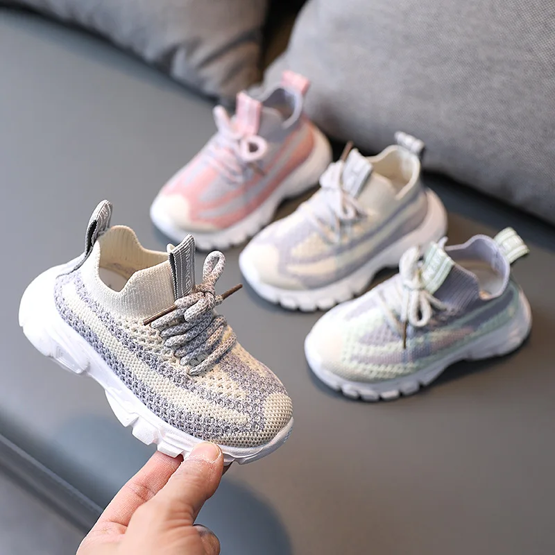 

Kids Fly Knit Lace-up Shoes Breathable Mesh Sports Running Light Weight Safety Shoes