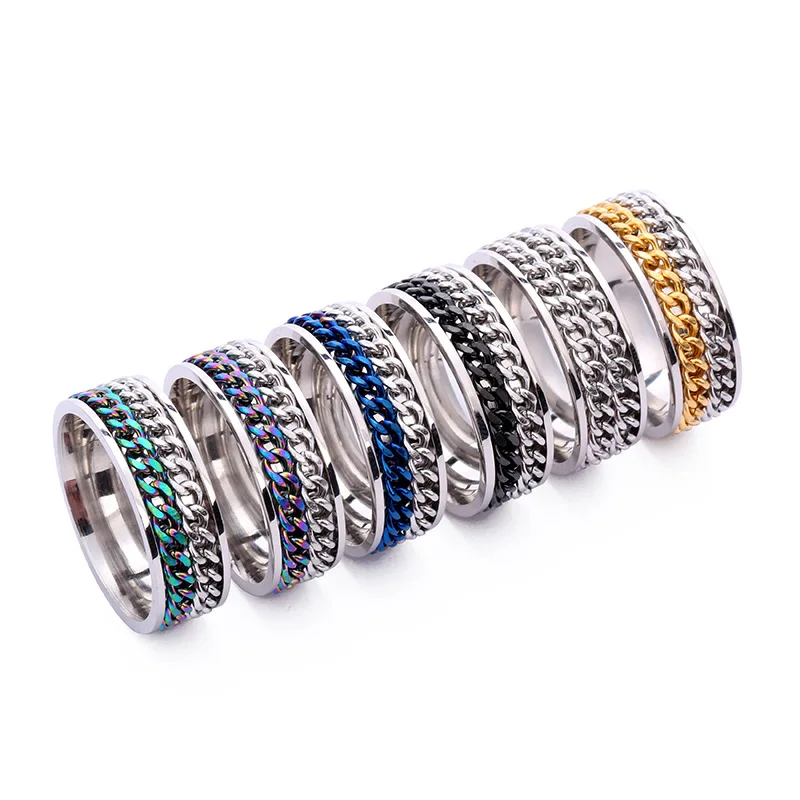 

HONGTONG Factory Direct Sales European And American New Fashion Stainless Steel Rings Can Rotate Double Row Chain Ring, Picture shows
