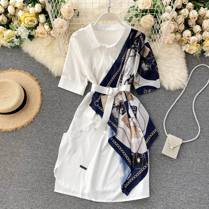 

LY1206 Korean Women Elegant Design Scarf Pattern Patchwork Short Sleeve Slim Waist Dress Ladies Dresses Clothing