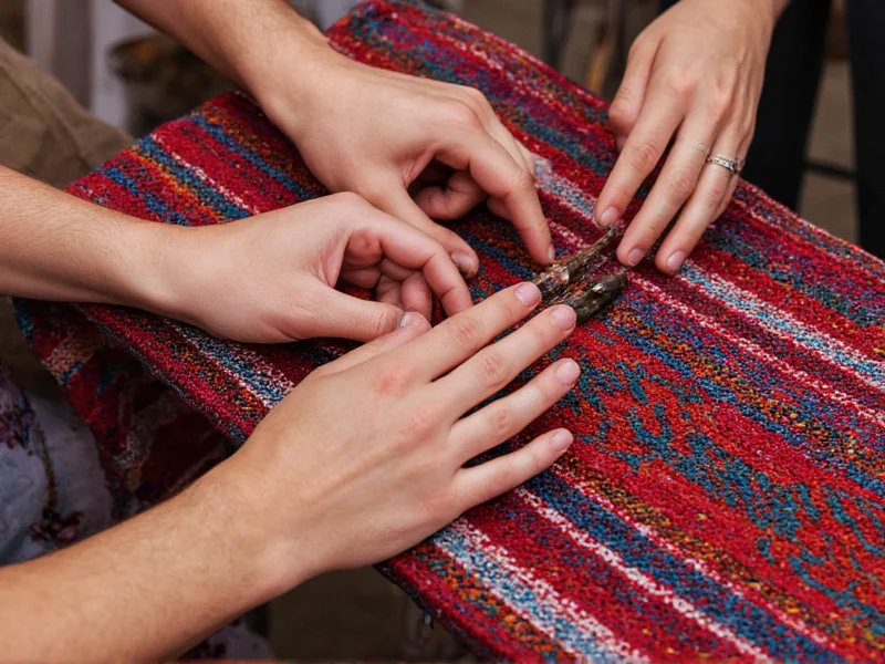 Artisan hands weaving traditional pattern with cultural storytelling context