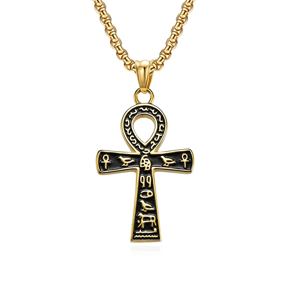 

Wholesale Ancient Egyptian Symbol Cross Titanium Steel Necklace Vintage Style Punk Stainless Steel Cross Pendant Men Necklace