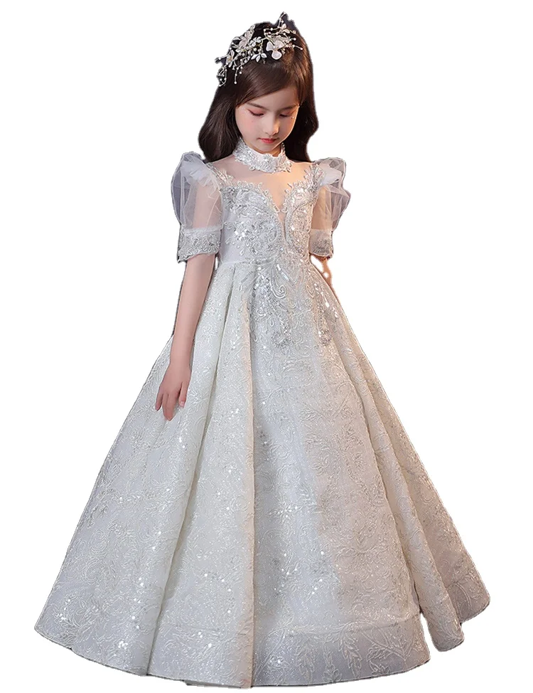 

Hot sale luxury Girls Dress Clothes Summer Dress embroidery beading puffy sleeve kids Dresses