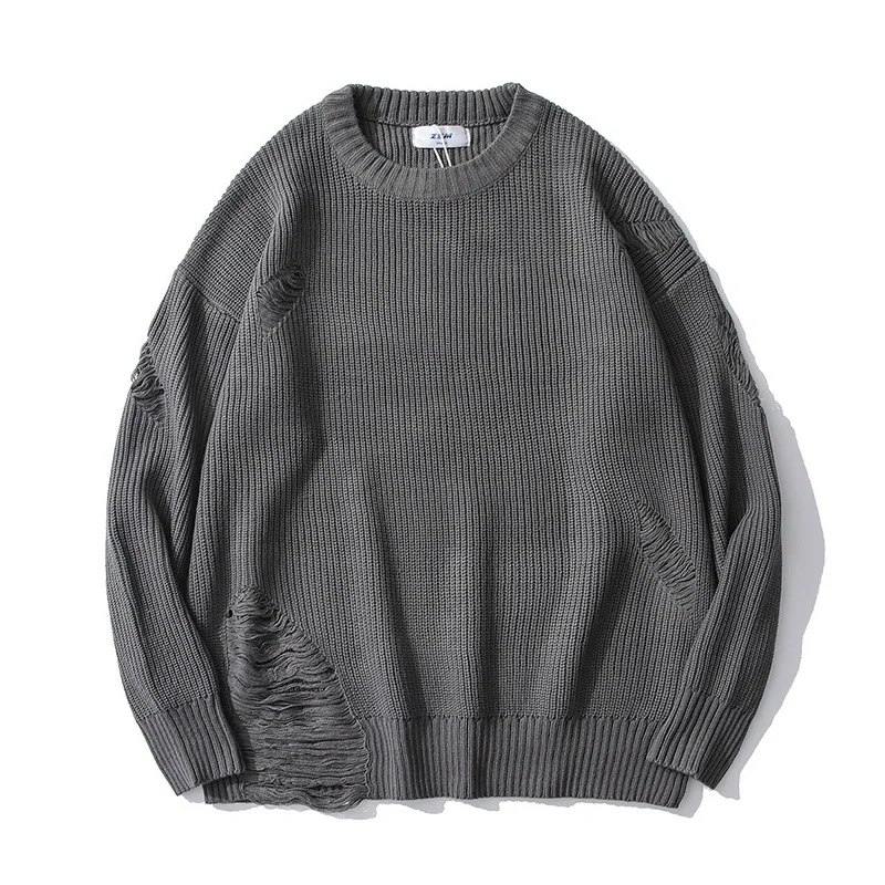 

European and American Solid-colored Hole Sweater Men's Round-neck Knit Shirt Bf Lazy Wind Loose-fitting Sweater