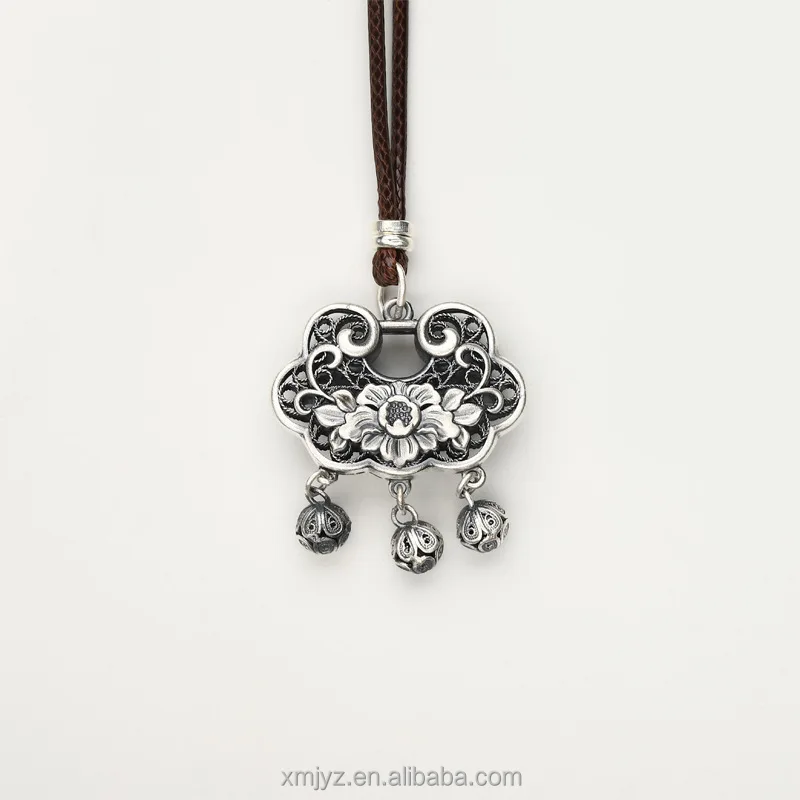 

Certified Sterling Silver 999 Pendant Vintage Hollow Longevity Lock National Fashion Flowers Like Brocade Tassel Silver