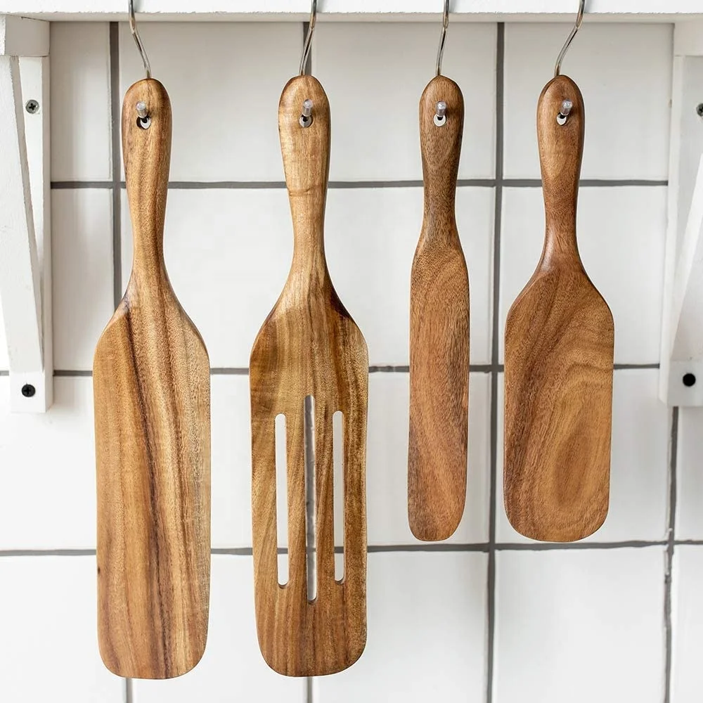 

Pack of 4 Wooden Utensils, Heat Resistant and Safe on Your Non-Stick Pans, Four Different Types and Sizes. Hangable Teak Wood