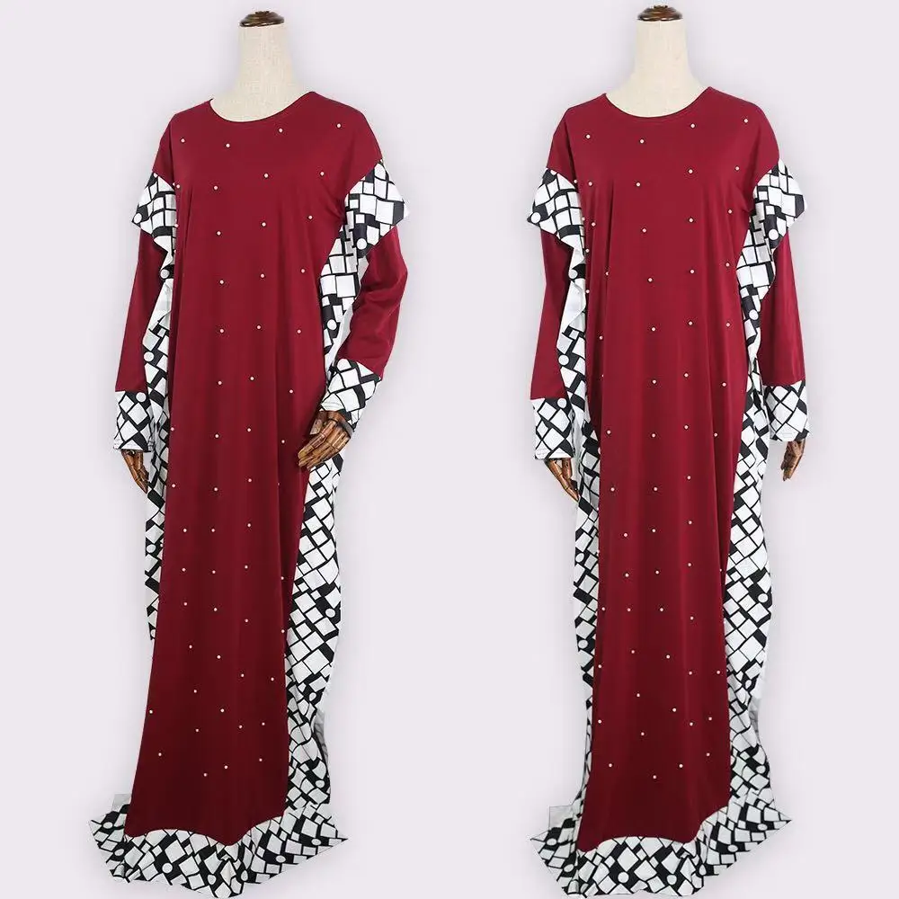 

Black stitched pearl dress with a single collar Patchwork dress muslim women dress, Black,wine red