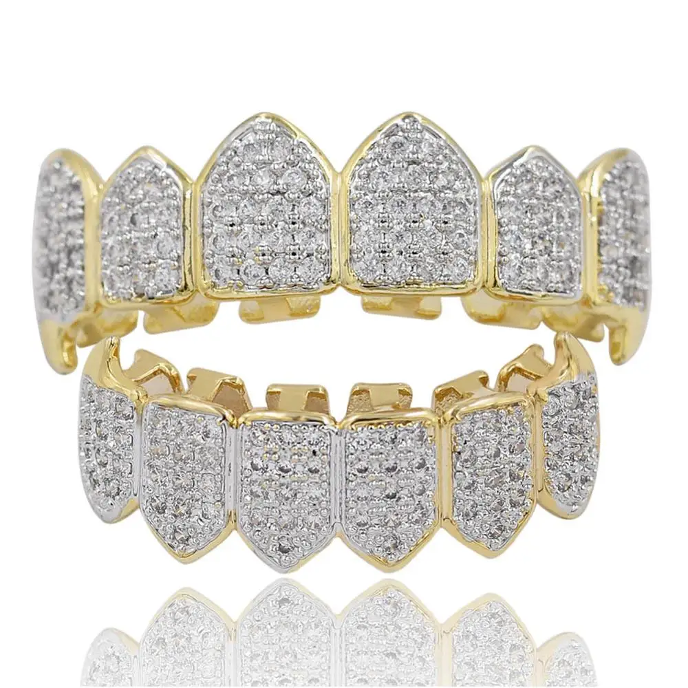 

Ruigang Iced Out Micro Pave CZ Caps Grillz Top and Bottom Set 18k Gold Crystal Teeth Grills For Men Rapper Jewelry Wholesale, Picture