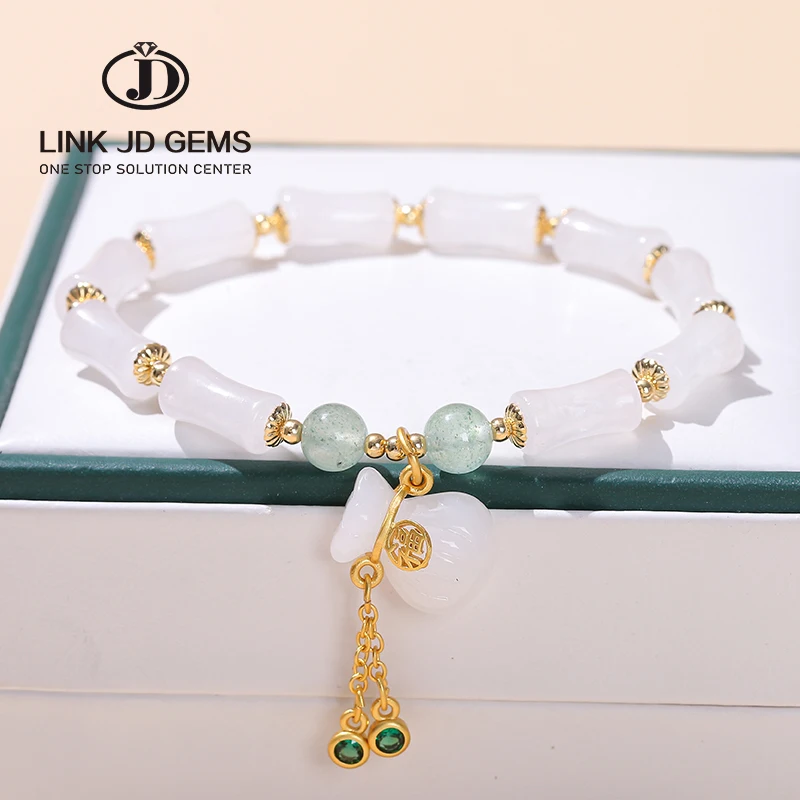 

JD Fashion Design Lucky Bag Pendant Natural Gemstone Beaded Wristband Gift White Jade Bamboo Shape Beads Alloy Chain Bracelet