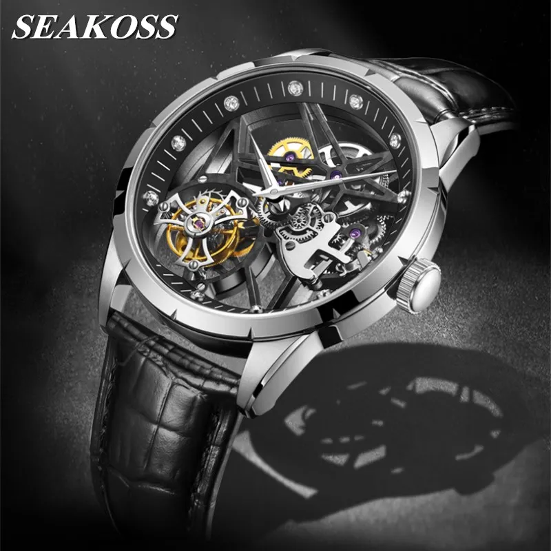 

2020 Rose Gold Skeleton Hollow Men's Tourbillon Mechanical Watches 42mm Genuine Leather Man Hand Wind Wristwatch