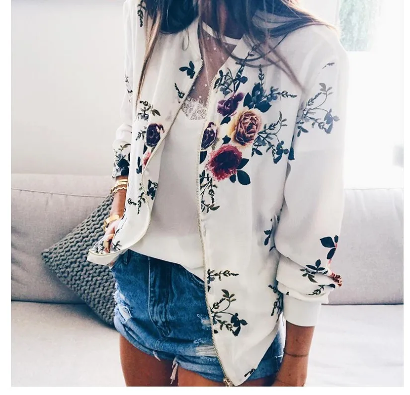 

Spring Autumn Plus Size Jacket Women Pockets Zipper Long Sleeve Coat Female Flower Printed Thin Coat Fashion Woman Clothes, As shown