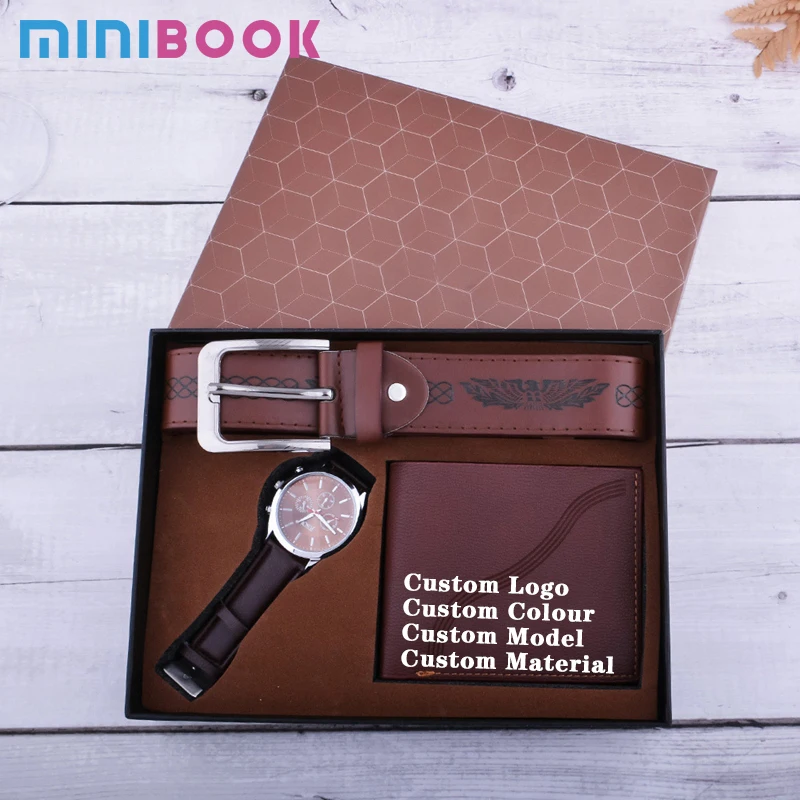 

Minibook wholesale factory Men's Gift suit Exquisite Packaged Watch + Wallet +belt suit Creative Combination suit bag