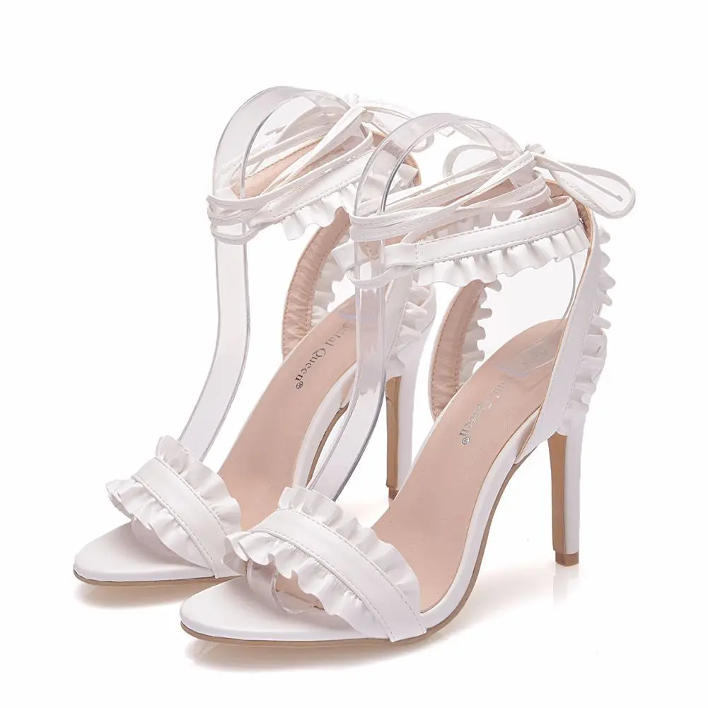 

High quality Summer flounces high heels White strappy sandals