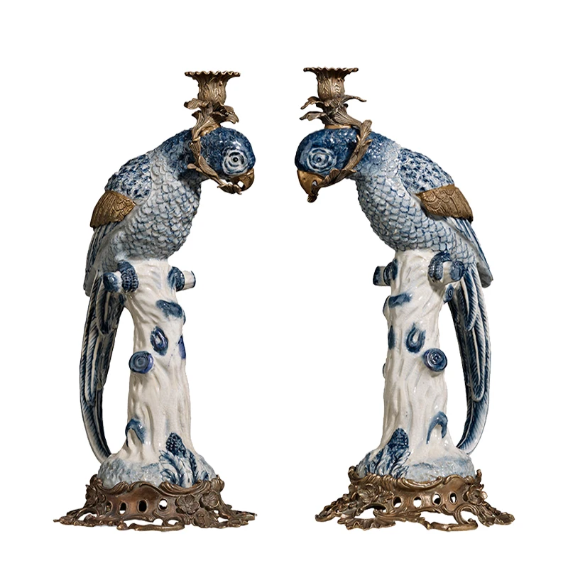 

American creative high end luxury antique ceramic inlaid with copper parrot candlestick ceramic blue and white candle holder