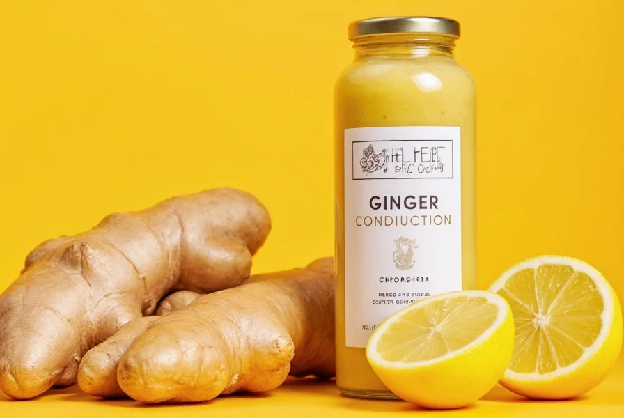Close-up of Costco ginger concoction bottle next to fresh ginger root and lemon slices