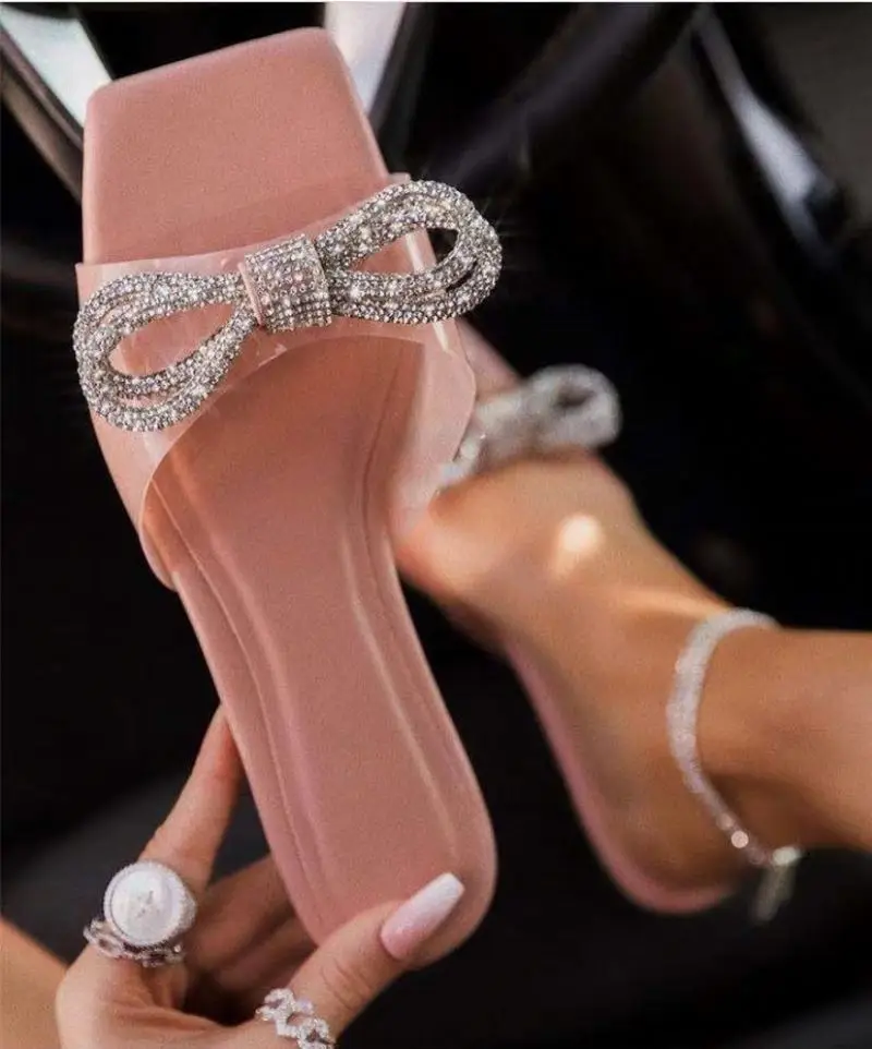 

2021 Summer hot sale outdoor slides flat bow rhinestone plus size outdoor beach slippers women shoes high quality, Three colors or customized