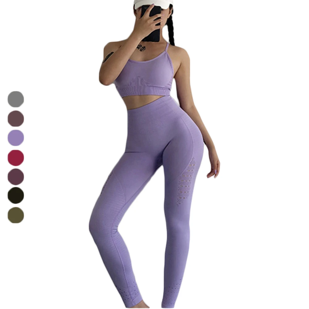 

Women seamless yoga set fitness clothing gym leggings padded push up strappy sports bra 2 pcs sports suits