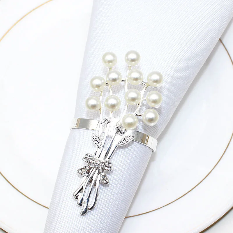 

White Pearl Flower Napkin Holders Dining Table Decoration Cloth Paper Napkin Ring for Thanksgiving Christmas Wedding HWP48