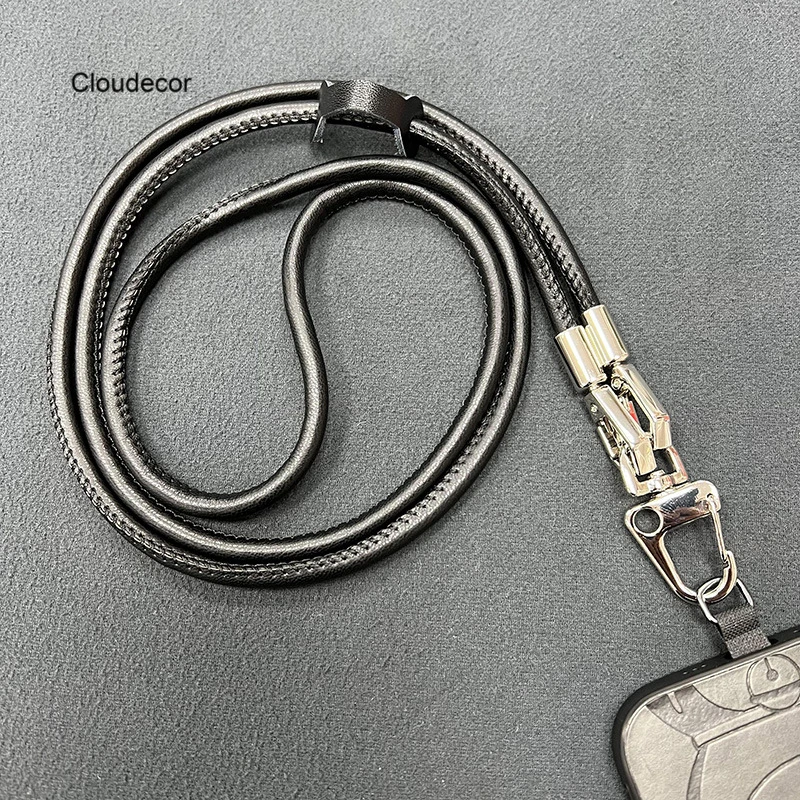 

6mm Leather Mobile Phone Strap Black PU Crossbody Necklace Gold Plated Fashion Multifunctional Universal Phone Lanyard 120cm