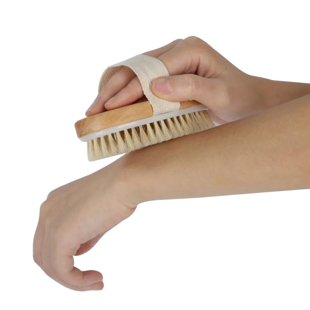 

Hot Sale Wood Natural Bristle Dry Skin Body Brush With Hand Band For Nice Grip, As shown pictures