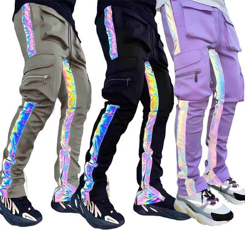 

TMW wholesale autumn men's fashion hip hop vaqueros trouser stacked joggers pants with side 6 pockets cargo reflective pants