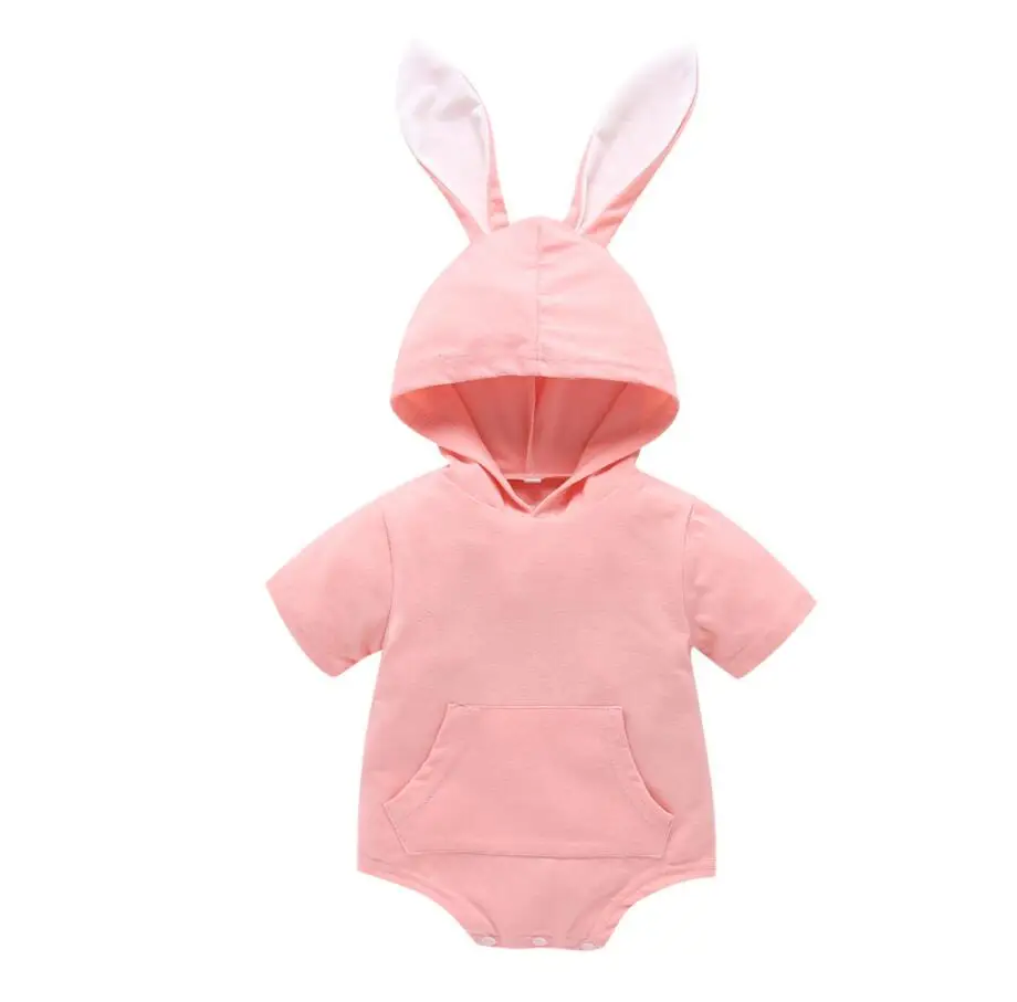 

2020 Wholesale summer short sleeve Baby Bunny Ear Hoodie Onesie Baby Cotton Romper, As pictures shown