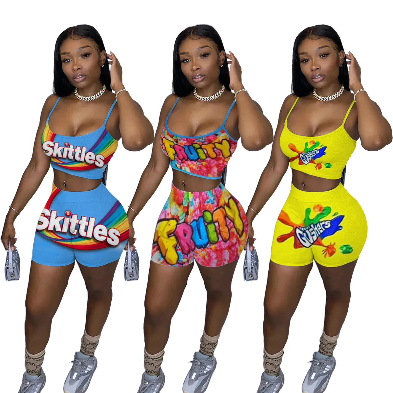 

Women's European and American fashion casual printed camisole top shorts two-piece suit, Optional