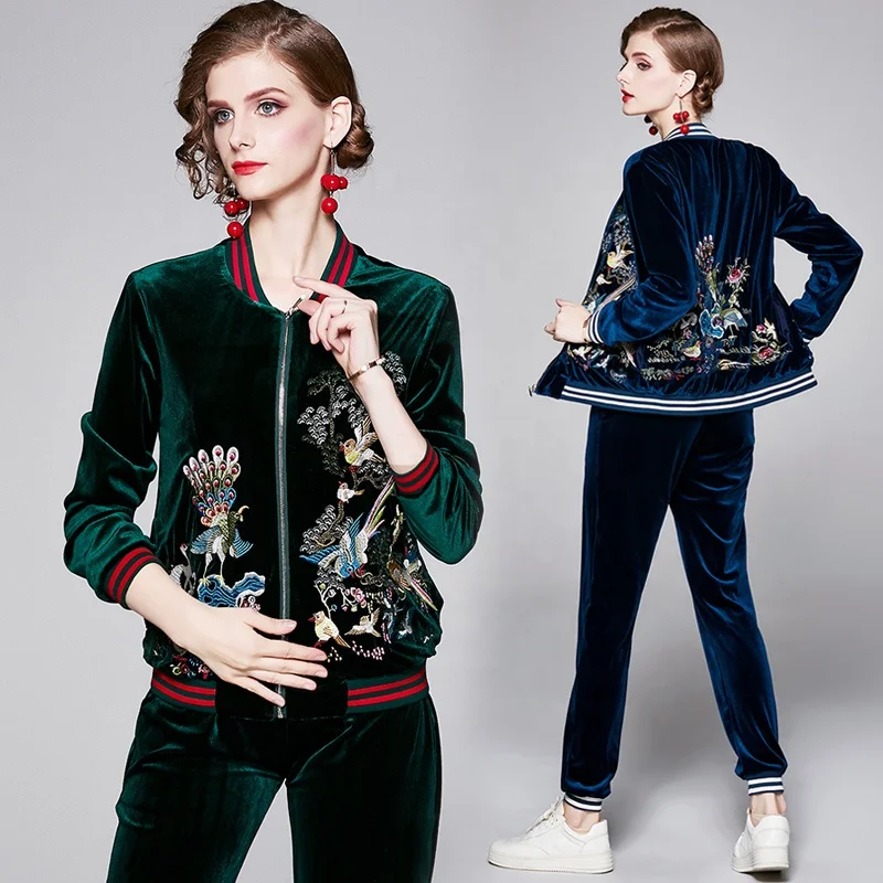 

Chinese style embroidery suit temperament two piece casual sports baseball suit women's clothing, Green/blue