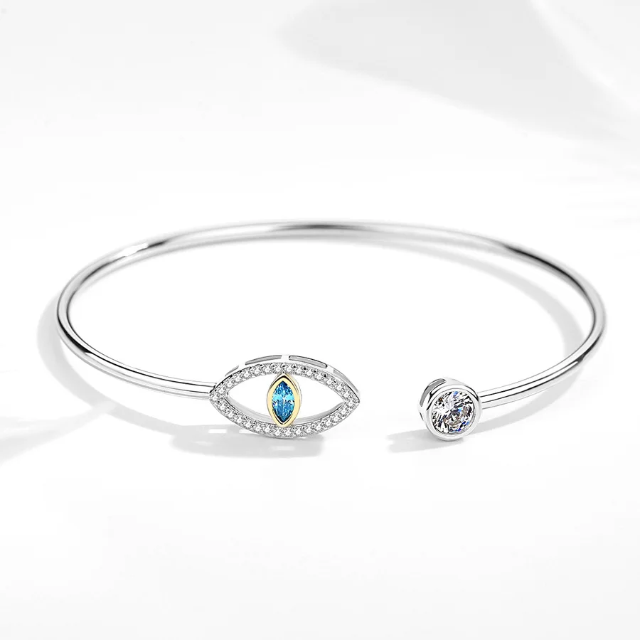 

Brazalete Ojo New Design 925 Sterling Silver Women Bangles Adjustable Cubic Zirconia Pave Blue Eye Shape Bangle