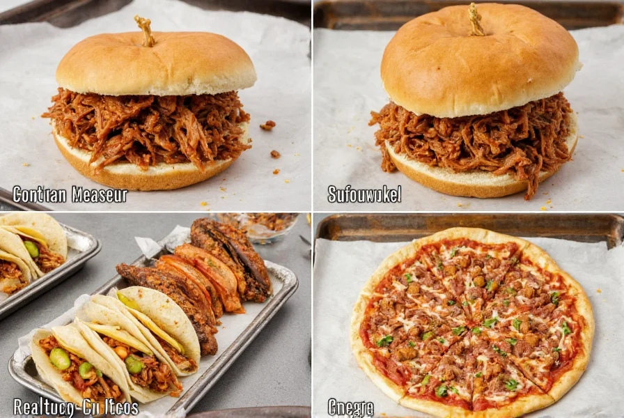 Various serving options for Dr Pepper pulled pork including sandwiches, tacos, and pizza