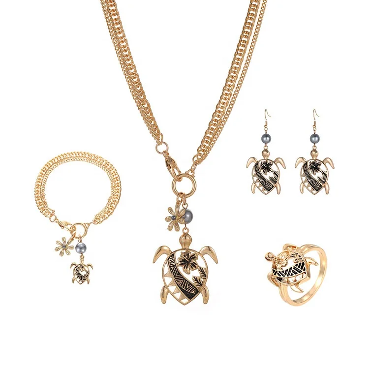 

18k Gold Plated Turtle Hawaiian Earrings Necklace Bracelet Wedding Jewelry Sets For Women, Printing