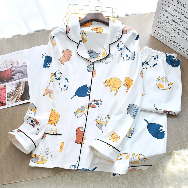 

Women Spring Cotton Pajamas 2021 Cute Cartoon Cat Sleepwear for Female Pijama Tops Pants NightSuit 2 pcs set