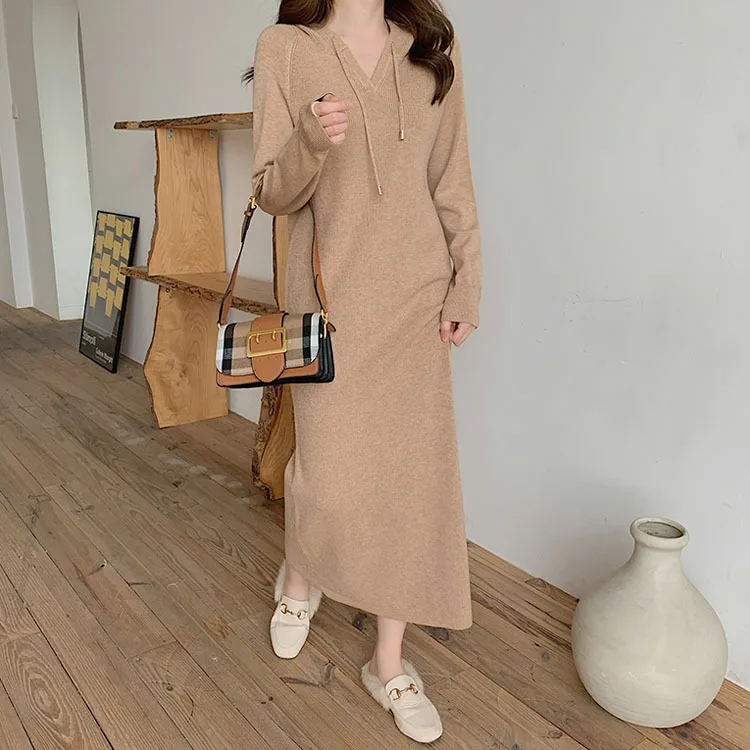 

Autumn and winter new Korean style base knitted sweater long skirt loose hooded over the knee fashion dress, Shown