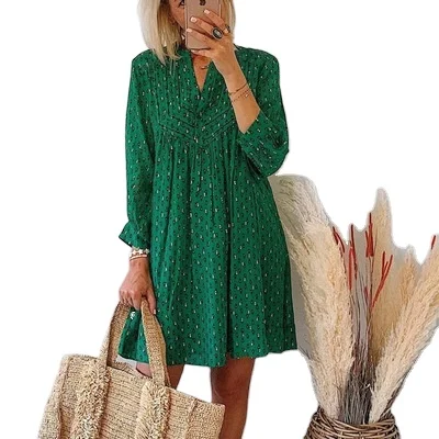 

2021 summer women elegant half-sleeve V-neck A line dot dresses casual vocation ladies Bohemian beach dress, As pic