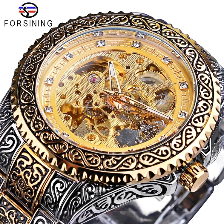 

Forsining Luxury Men Automatic Mechanical Wristwatch Waterproof Stainless Steel Diamond Watch Golden Men's clock Vintage Reloj