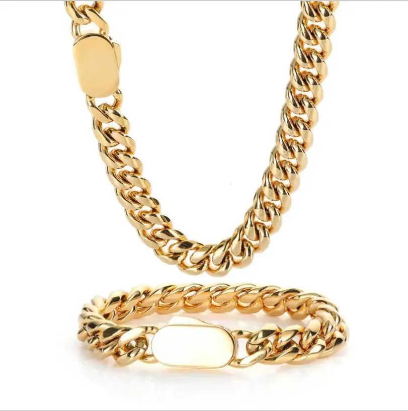 

Good quality Hip Hop Jewelry 316L 18k Gold Plated Stainless Steel Miami Cuban Link Curb Chain Necklace Bracelet for Men Women