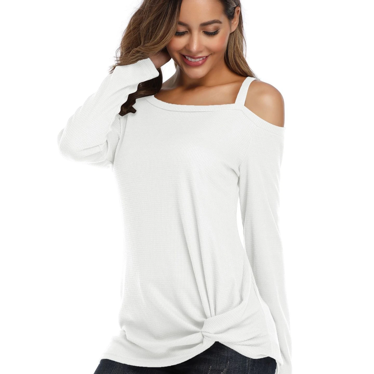 

Spring collection new women's Waffle off-shoulder long sleeve blouse one-shoulder twist T-shirt